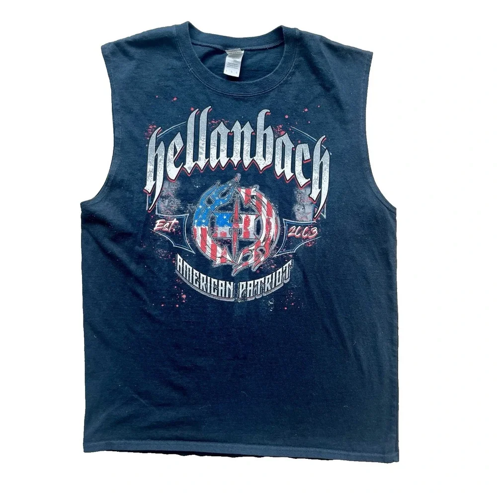 Hellanbach American Patriot Est 2003 Shirt Sz L Large BLACK USA FLAG Sleeveless‎